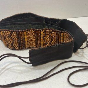 BOHO Intricate Brown Beaded Hip Tie Belt Wood Beads Hippie Adjustable